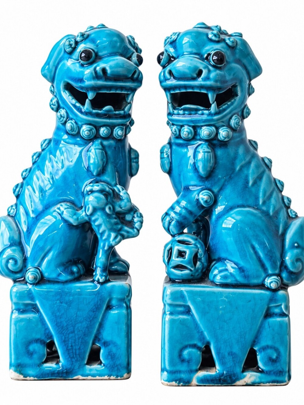 Vintage Turquoise Blue Ceramic Foo Dog Pair - Vintage